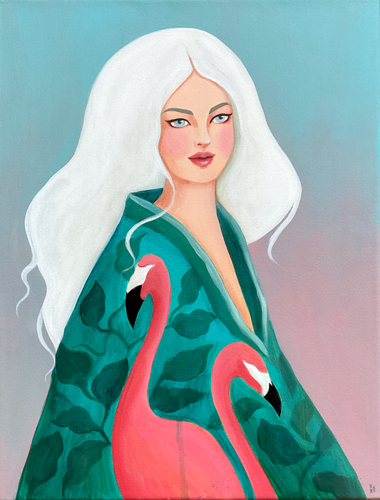 "Lady with Two Flamingos" by Alice Koswara