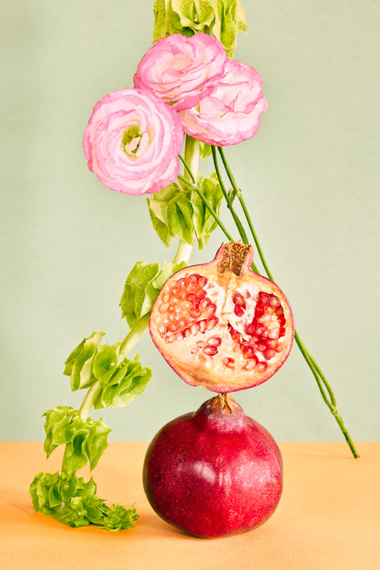 "Pomegranate and Pink Flowers" by Desirée Pfeiffer