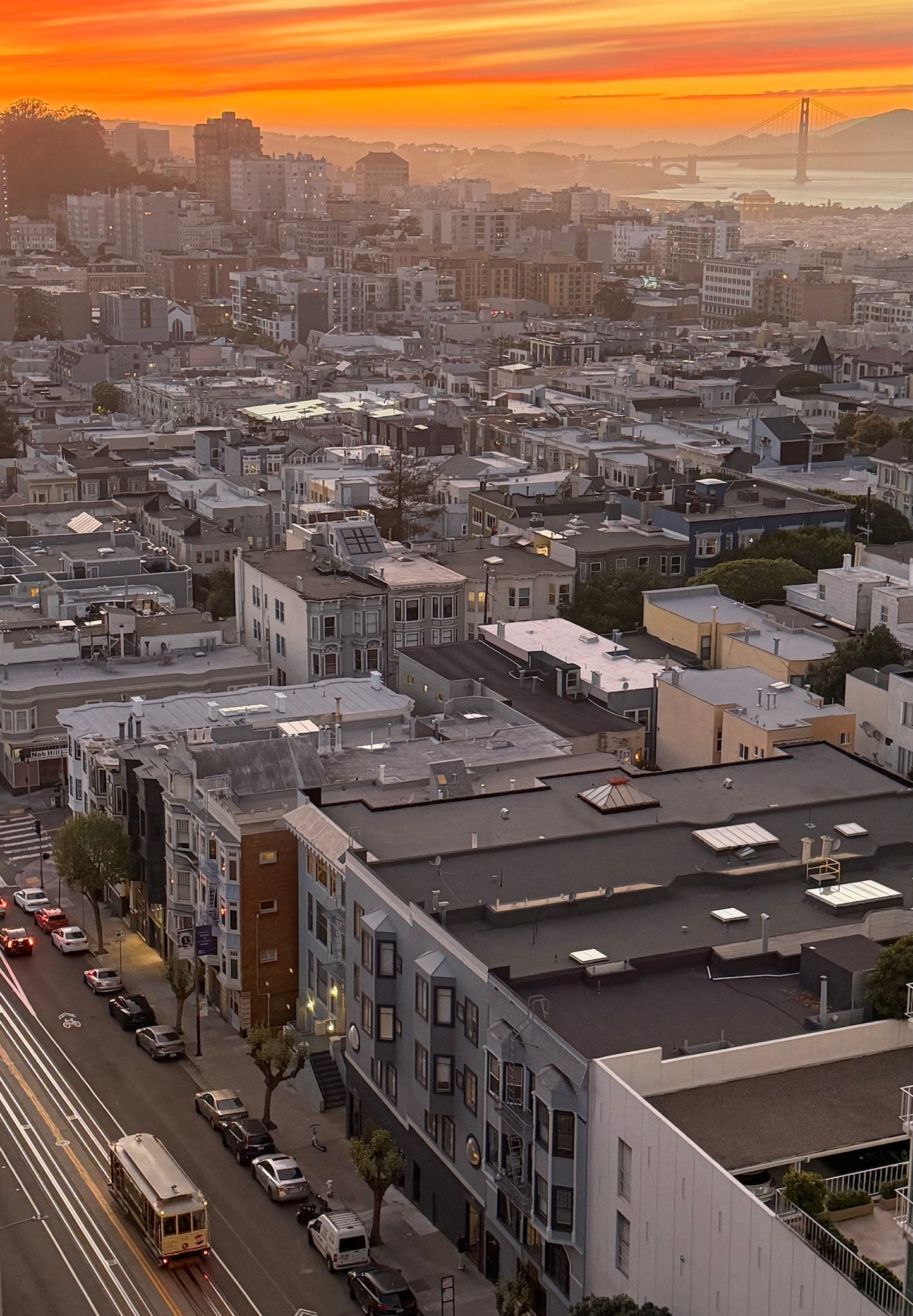 "Cable Car at Sunset from Balcony" by Caroline Smith
